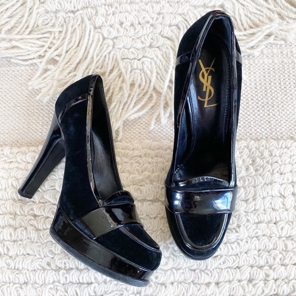 SAINT LAURENT black velvet patent leather Jeanne 90 moccasin